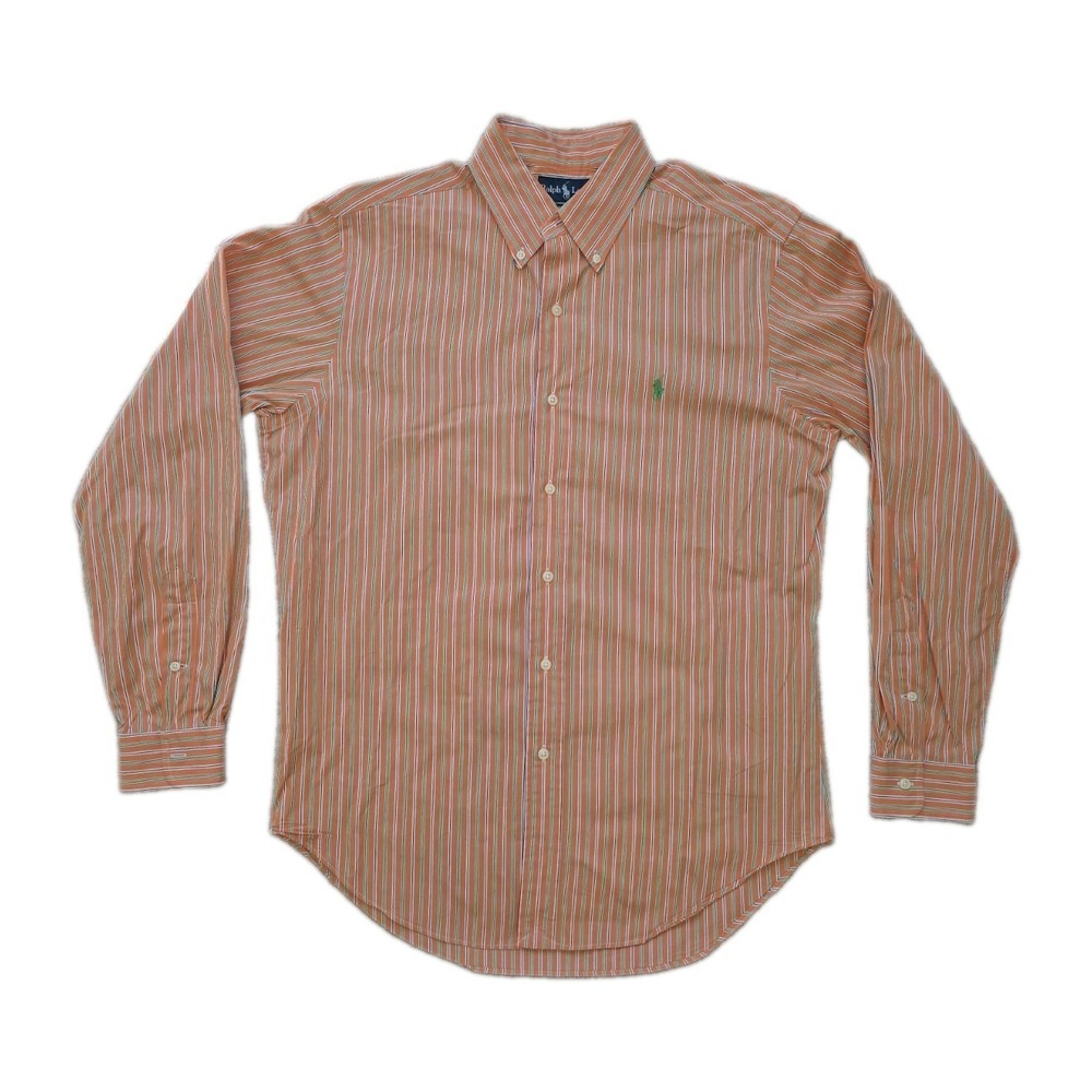 Ralph Lauren Mens M Classic Fit Orange Green Stripe Long Sleeve Button Down